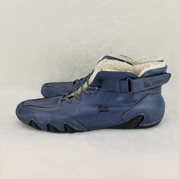 ✅LDECK Blue Leather High Top Faux Fur Lined Shoes Men's Size 12 Driving Sneakers - Picture 8 of 10